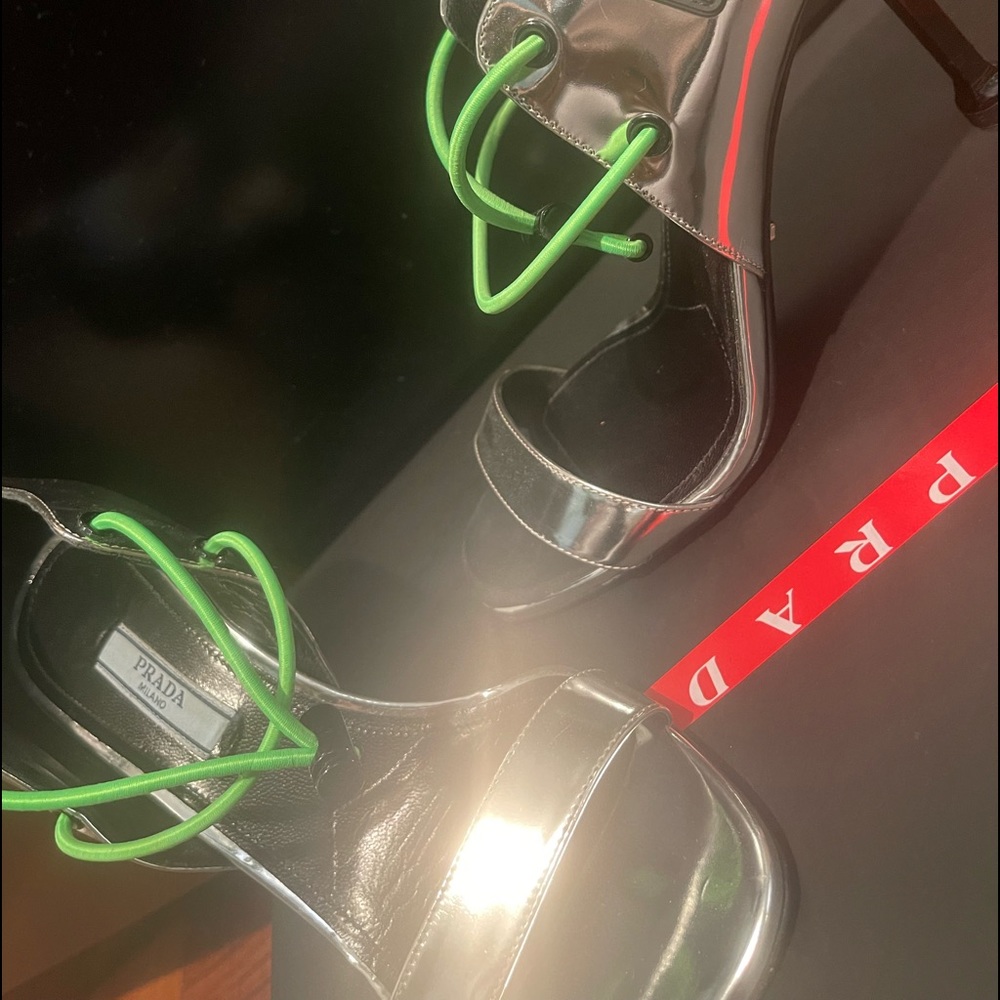 Prada Metallic Silver Leather W Elasticized Cord Open Toe Sporty Sandals Size 37